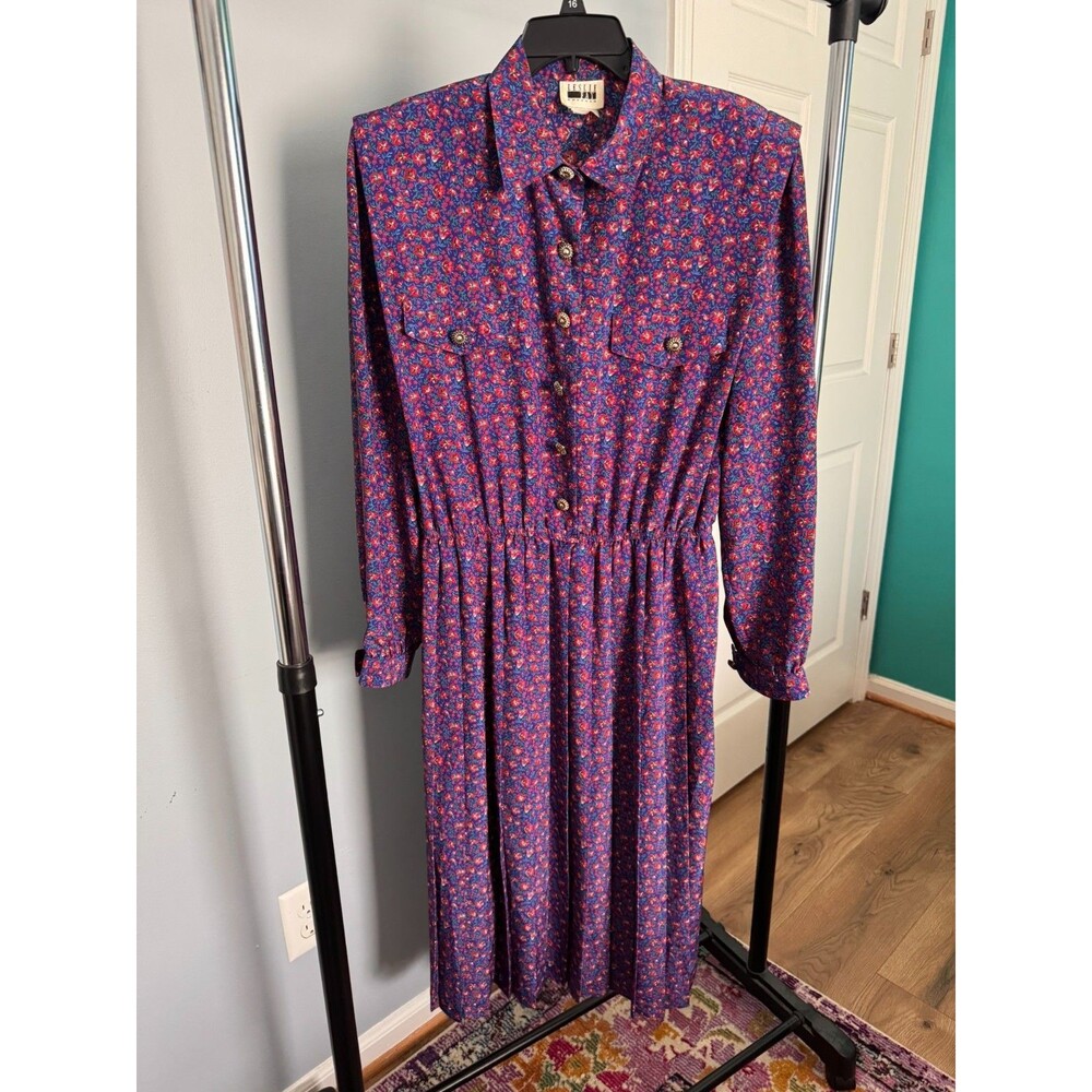 Vintage 80s Leslie Fay Shirtwaist Dress Womens M 8 10 Pleated Floral Midi Blue